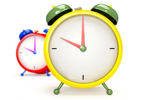 Two colorful alarm clock on white background. 3D rendering
