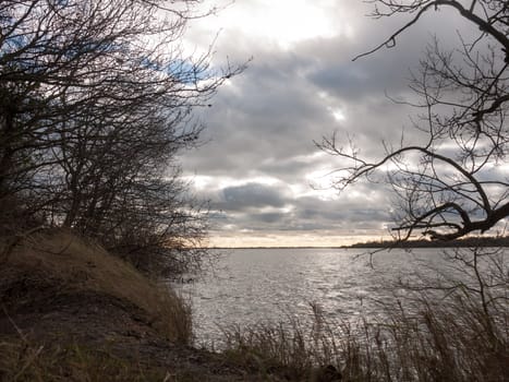 moody sky overcast autumn winter bay water ocean trees; essex; england; uk