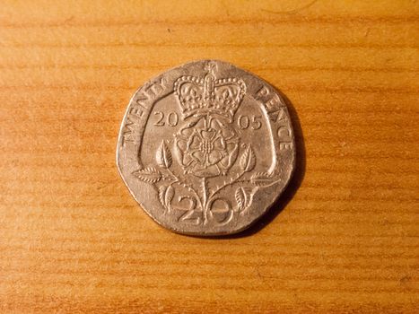close up above 20p pence silver coin sterling uk; essex; england; uk