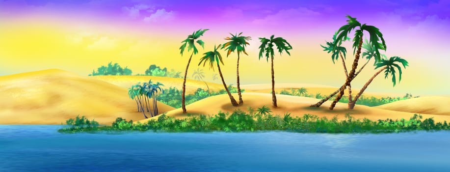 Palm Trees on a Sandy River Bank. Digital Painting Background, Illustration in cartoon style character.