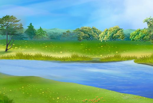 Blue river on a sunny summer day. Digital Painting Background, Illustration in cartoon style character.