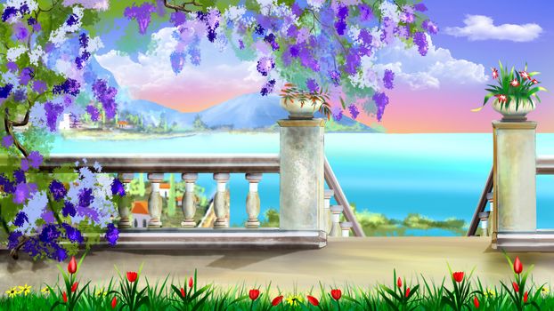 Descent to the sea from the park in a sunny day. Digital Painting Background, Illustration in cartoon style character.