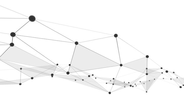 Concept of Network, Internet Communication. The black points are connected by lines and blue transparent triangles. 3D Illustration