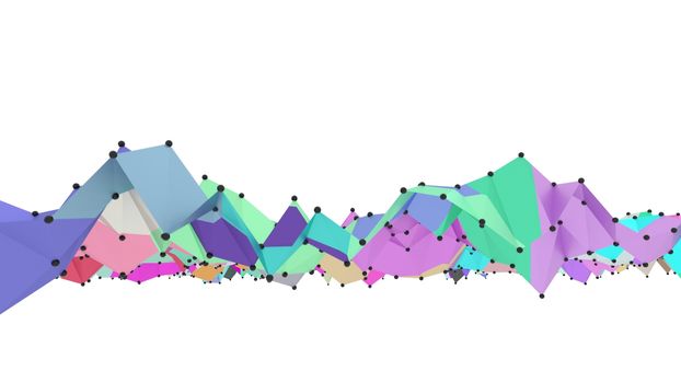 Concept of Network, Internet Communication. The black points are connected by lines and color polygons. 3D Illustration