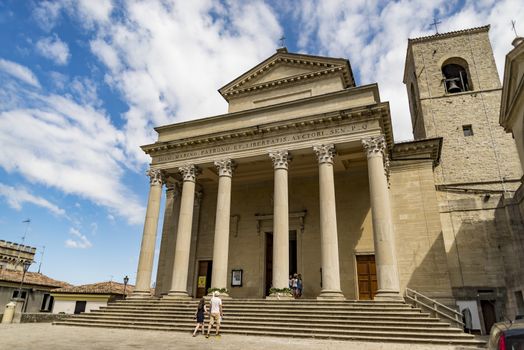 SAN MARINO REPUBLIC - JUNE 18: the classical facade of the famous Basilica on June 18, 2017 in San Marino Republic