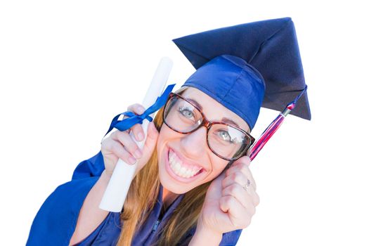 Goofy Graduating Young Girl In Cap and Gown Isolated on a White Background.