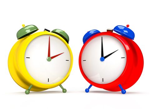 Two colorful alarm clocks on white background. 2 O'clock pm or am. 3D rendering