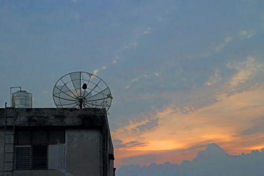 Satellite old dish on rooftop on evening