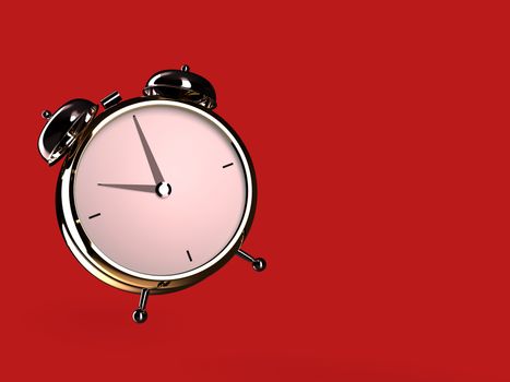 Closeup view of golden alarm clock on red background. 10 O'Clock, am or pm. 3D rendering