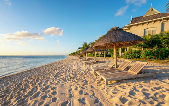 Amazing beach at Mauritius island with wooden parasol in the right side, sunny day.