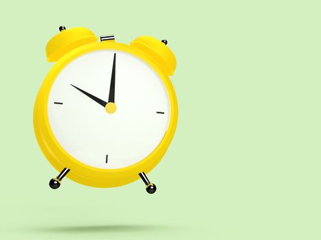 Closeup view of colorful alarm clock on light green background. 10 O'Clock, am or pm. 3D rendering