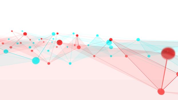 Concept of networks, science, technology or business. The points are connected by lines and transparent triangles. Large data array. 3d illustration with anaglyph effect