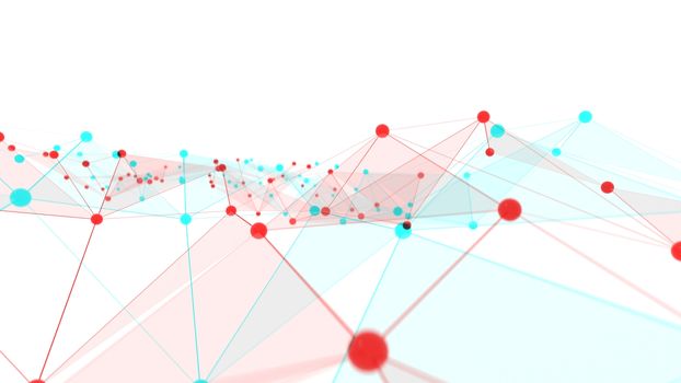 Concept of networks, science, technology or business. The points are connected by lines and transparent triangles. Large data array. 3d illustration with anaglyph effect