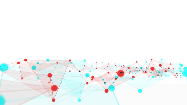 Concept of networks, science, technology or business. The points are connected by lines and transparent triangles. Large data array. 3d illustration with anaglyph effect