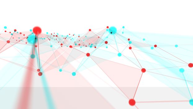 Concept of networks, science, technology or business. The points are connected by lines and transparent triangles. Large data array. 3d illustration with anaglyph effect