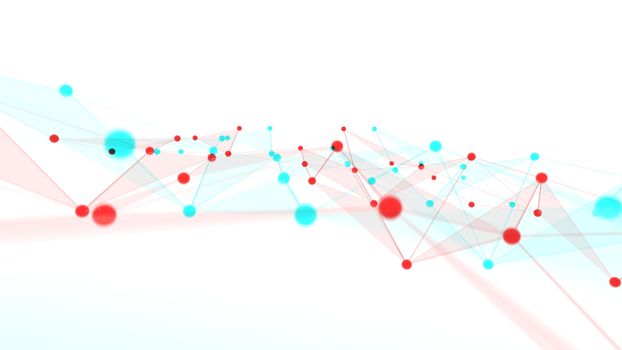 Concept of networks, science, technology or business. The points are connected by lines and transparent triangles. Large data array. 3d illustration with anaglyph effect