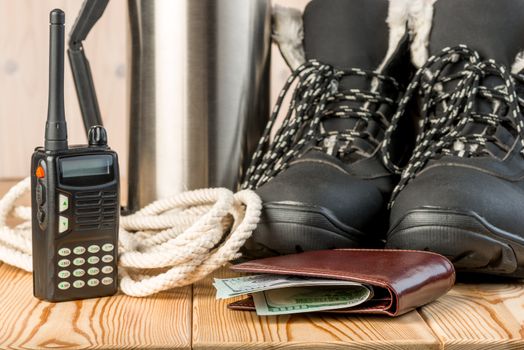 preparation of things for a long complex hike, close-up objects