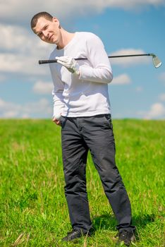 happy golfer portrait in full length on the field