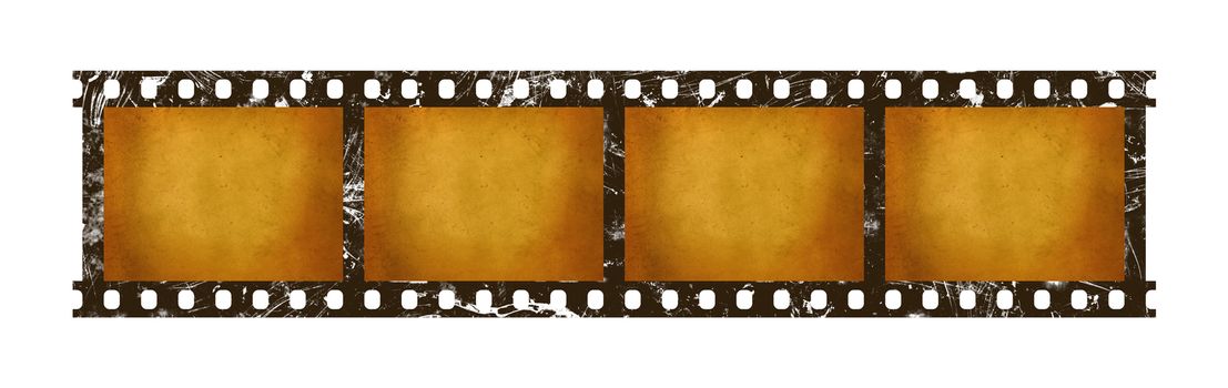 Close up four frames of old vintage grunge retro styled classical 35 mm film strip isolated on white background