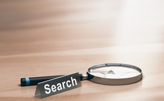 3D illustration of a magnifying glass and a plastic sign with the word search over wooden background.