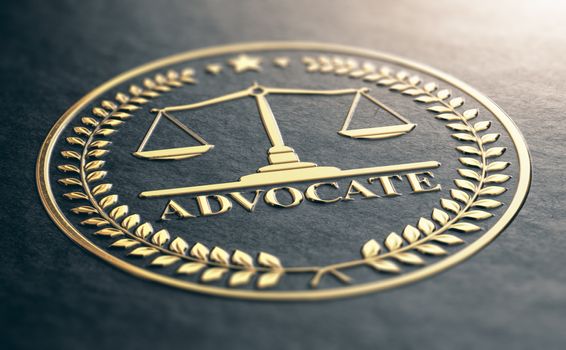 3D illustration of an advocate golden symbol. Embossed black paper.