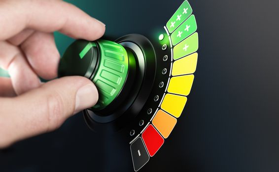 Hand turning a knob with efficiency scale from black and red to green color. Composite image between a hand photography and a 3D background.