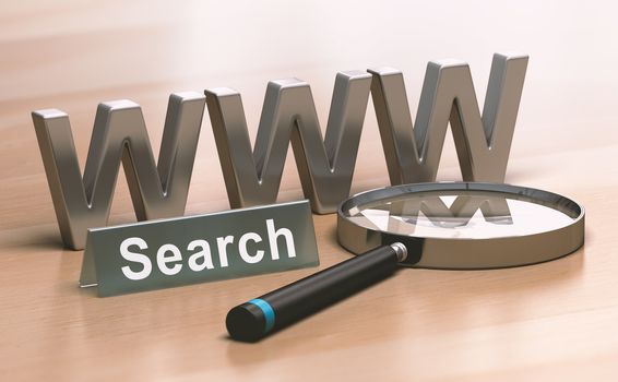 3D illustration of a WWW acronym and a magnifying glass over wooden background. Concept of web search tool of browsing the internet