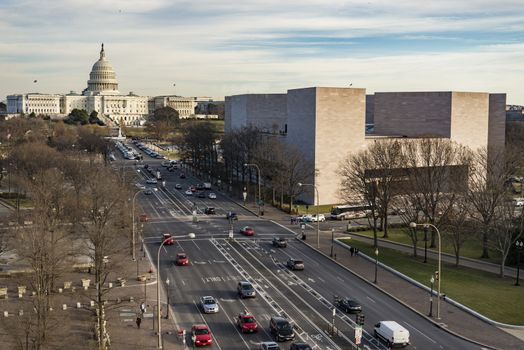View of Capitol Hill from Constitution Ave in Washington DC, USA