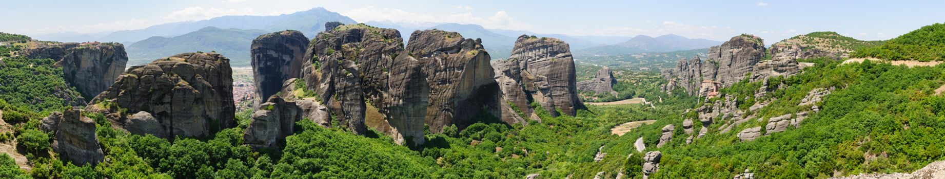 High resolution Panorama of Meteora, Greece, with Orthodox Christian Monasteries and view to Kalabaka city