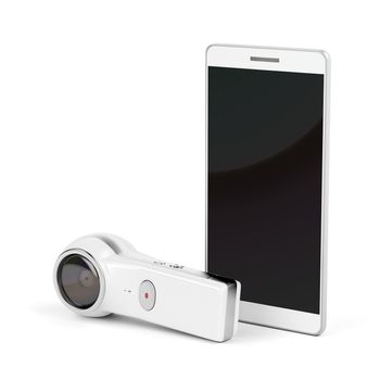 360 degree camera and smartphone with blank display on white background