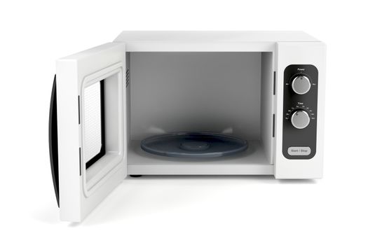 Microwave oven with open door on white background  