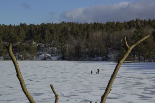 Ice skating on a frozen lake in Sweden. Mother and two children. Nackareservatet - nature reserve in Stockholm.