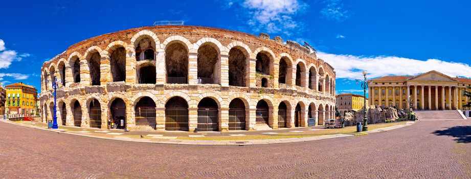 Roman amphitheatre Arena di Verona and Piazza Bra square panoramic view, landmark in Veneto region of Italy