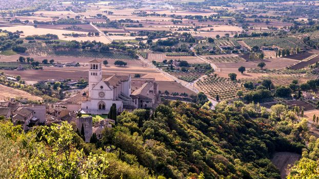 Areal view fo St. Francis of Assisi Church. St. Francis is the patron saint of Italy. The bell tower can be seen from miles away.