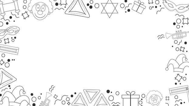 Frame with purim holiday flat design black thin line icons. Template with space for text, isolated on background. Vector eps10 illustration.