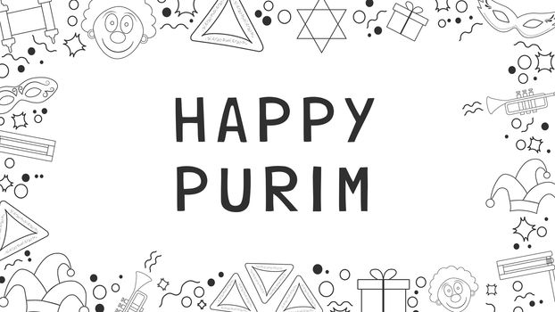 Frame with purim holiday flat design black thin line icons with text in english "Happy Purim". Template with space for text, isolated on background. Vector eps10 illustration.
