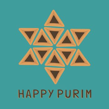 Purim holiday flat design icons of hamantashs in star of david shape with text in english "Happy Purim". Vector eps10 illustration.