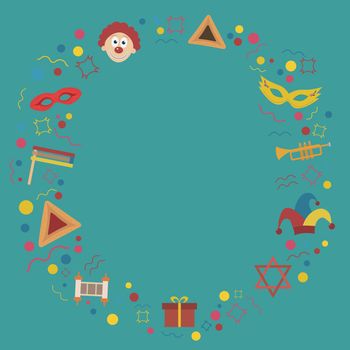 Frame with purim holiday flat design icons. Template with space for text, isolated on background. Vector eps10 illustration.