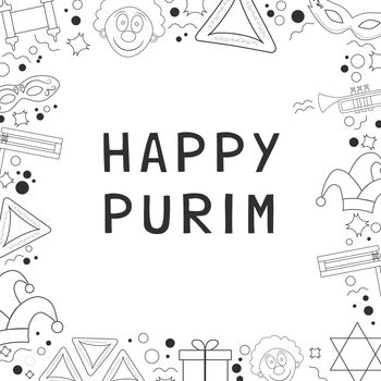 Frame with purim holiday flat design black thin line icons with text in english "Happy Purim". Template with space for text, isolated on background. Vector eps10 illustration.