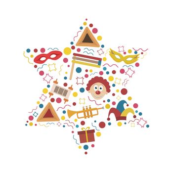 Purim holiday flat design icons set in star of david shape. Vector eps10 illustration.