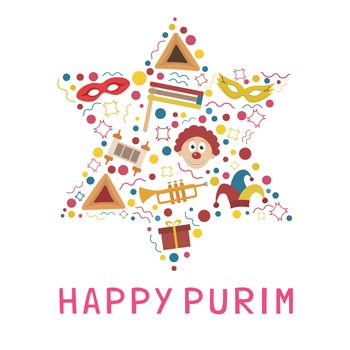 Purim holiday flat design icons set in star of david shape with text in english "Happy Purim". Vector eps10 illustration.