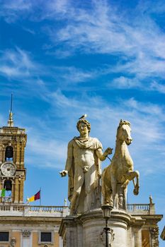 Statue of Pollux with his horse at Piazza del Campidoglio on Capitoline Hill, Rome, Italy.