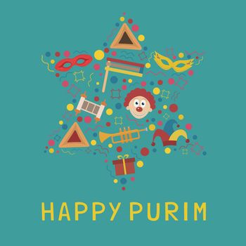 Purim holiday flat design icons set in star of david shape with text in english "Happy Purim". Vector eps10 illustration.