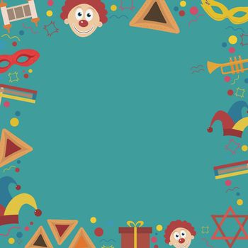 Frame with purim holiday flat design icons. Template with space for text, isolated on background. Vector eps10 illustration.