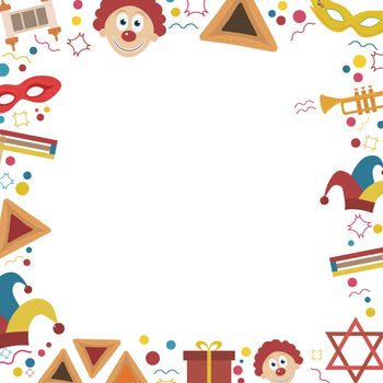 Frame with purim holiday flat design icons. Template with space for text, isolated on background. Vector eps10 illustration.