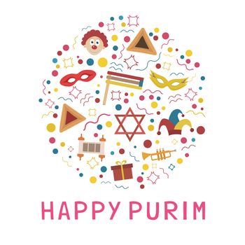 Purim holiday flat design icons set in round shape with text in english "Happy Purim". Vector eps10 illustration.