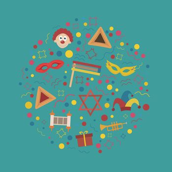 Purim holiday flat design icons set in round shape. Vector eps10 illustration.