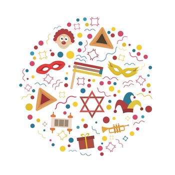 Purim holiday flat design icons set in round shape. Vector eps10 illustration.