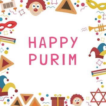 Frame with purim holiday flat design icons with text in english "Happy Purim". Template with space for text, isolated on background. Vector eps10 illustration.