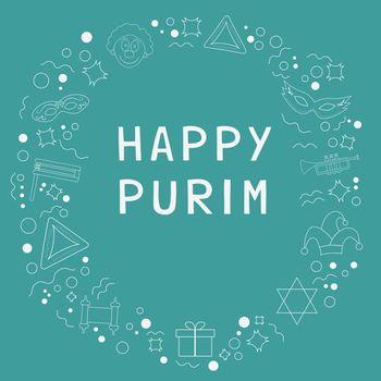 Frame with purim holiday flat design white thin line icons with text in english "Happy Purim". Template with space for text, isolated on background. Vector eps10 illustration.